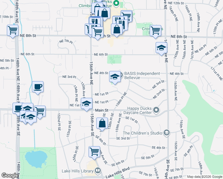 map of restaurants, bars, coffee shops, grocery stores, and more near 15740 Northeast 1st Street in Bellevue