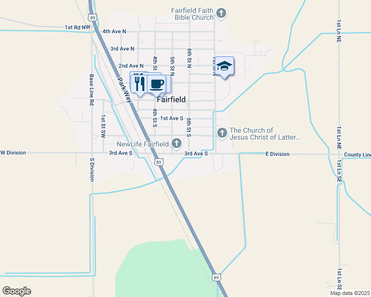 map of restaurants, bars, coffee shops, grocery stores, and more near 507-521 3rd Ave S in Fairfield