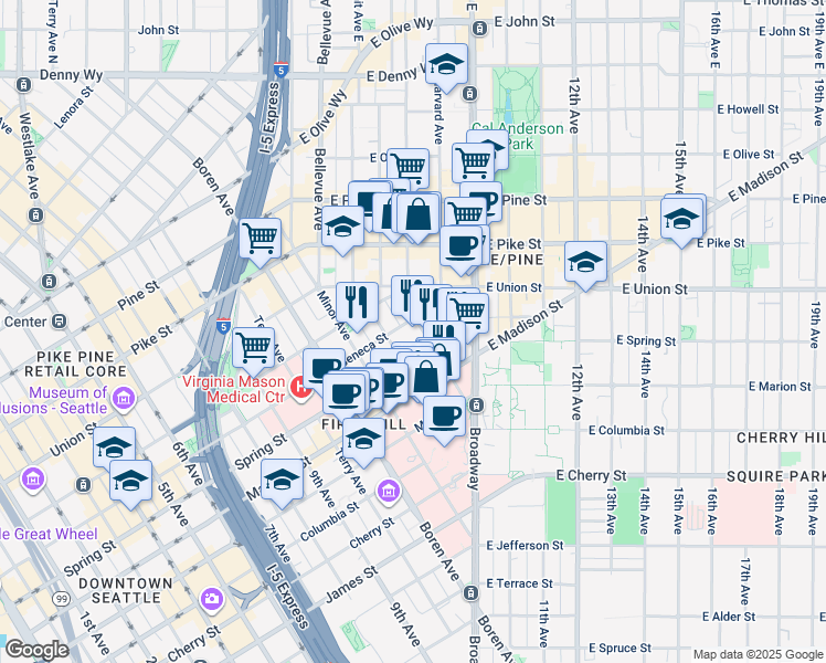 map of restaurants, bars, coffee shops, grocery stores, and more near 1321 Seneca Street in Seattle