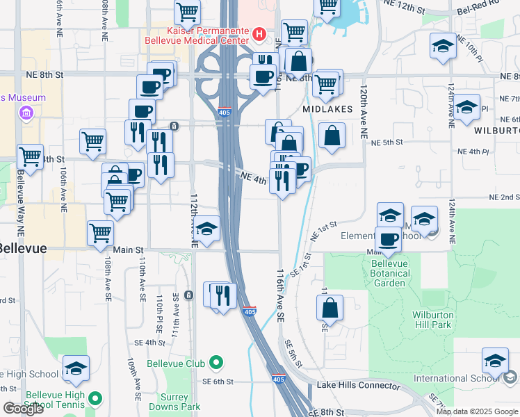 map of restaurants, bars, coffee shops, grocery stores, and more near 11505 Northeast 2nd Place in Bellevue