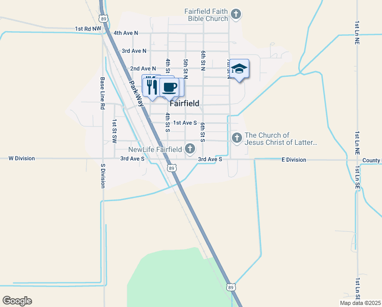 map of restaurants, bars, coffee shops, grocery stores, and more near 507 3rd Avenue South in Fairfield