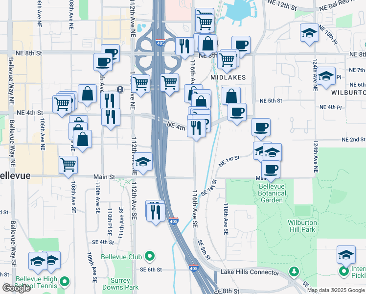 map of restaurants, bars, coffee shops, grocery stores, and more near 11405 Northeast 2nd Place in Bellevue