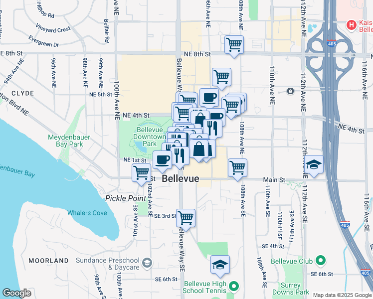 map of restaurants, bars, coffee shops, grocery stores, and more near 10429 Northeast 2nd Street in Bellevue