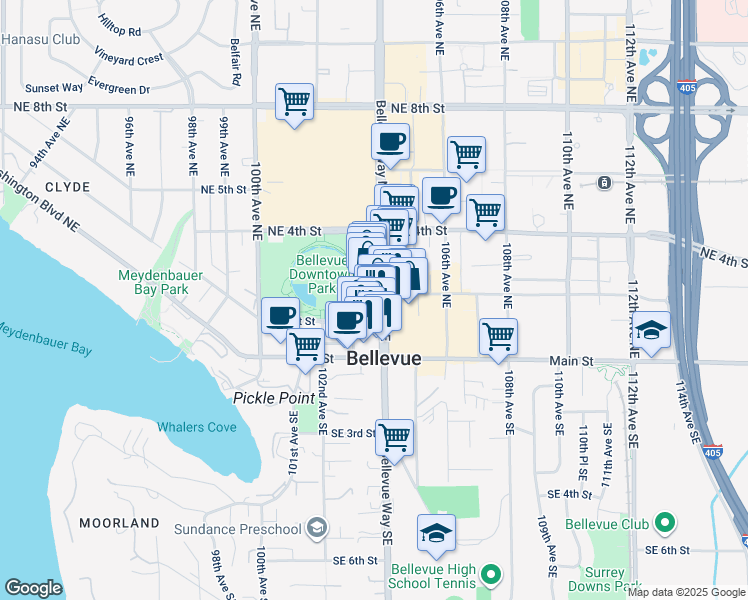 map of restaurants, bars, coffee shops, grocery stores, and more near 103 Bellevue Way Northeast in Bellevue