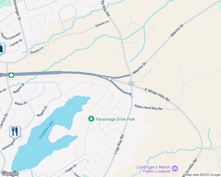 map of restaurants, bars, coffee shops, grocery stores, and more near 57 Cheyne Drive in St. John's