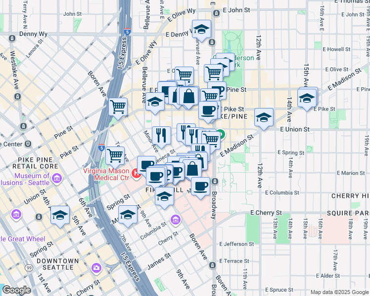 map of restaurants, bars, coffee shops, grocery stores, and more near 1321 Seneca Street in Seattle