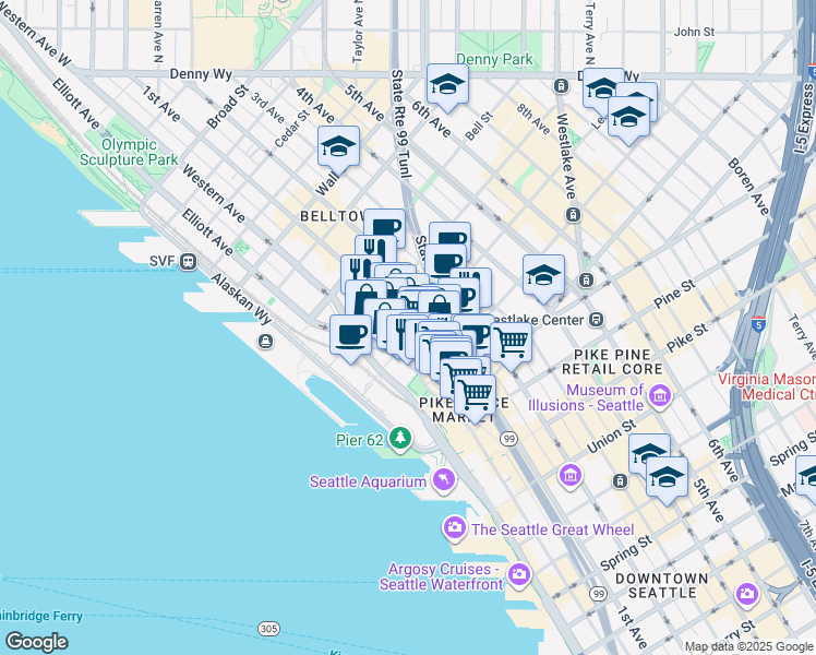 map of restaurants, bars, coffee shops, grocery stores, and more near 88 Lenora Street in Seattle