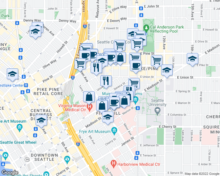 map of restaurants, bars, coffee shops, grocery stores, and more near 1204 Minor Avenue in Seattle