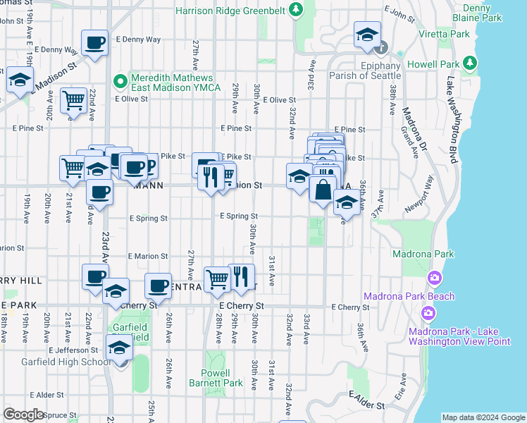 map of restaurants, bars, coffee shops, grocery stores, and more near 3010 East Spring Street in Seattle