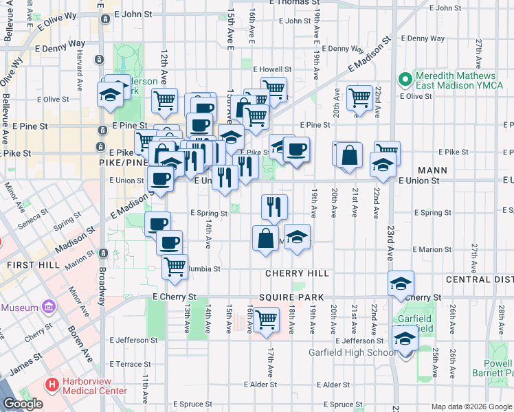 map of restaurants, bars, coffee shops, grocery stores, and more near 1106 16th Avenue in Seattle