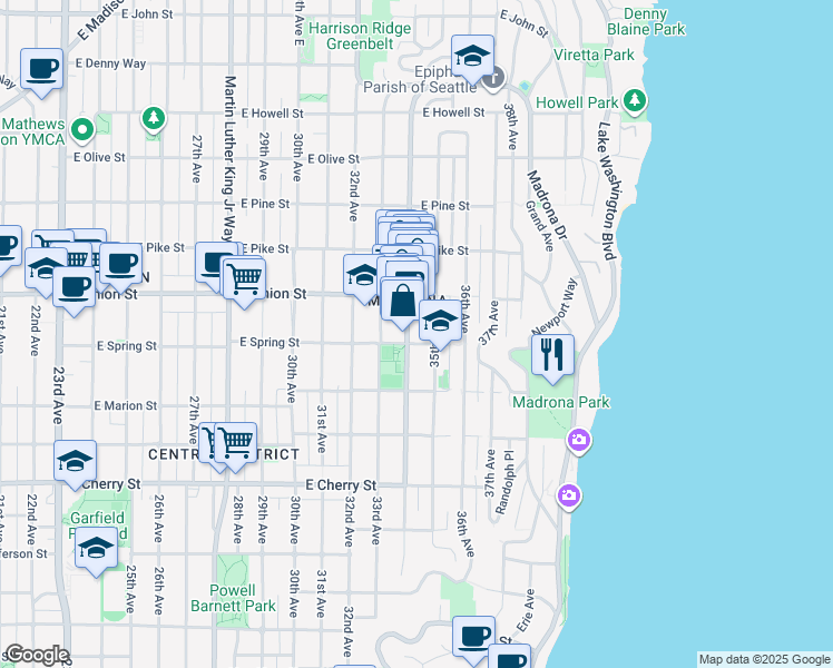 map of restaurants, bars, coffee shops, grocery stores, and more near 3400 East Spring Street in Seattle