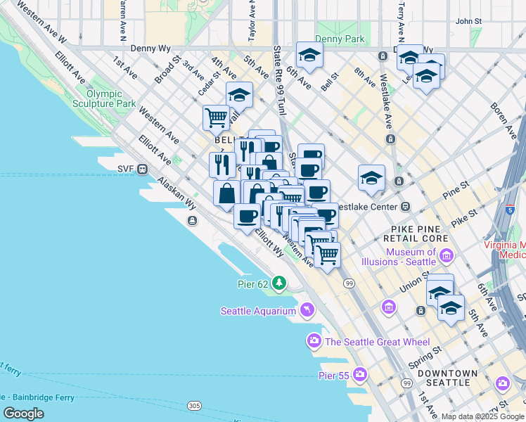 map of restaurants, bars, coffee shops, grocery stores, and more near 2134 Western Avenue in Seattle