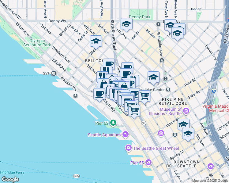 map of restaurants, bars, coffee shops, grocery stores, and more near 2105 1st Avenue in Seattle