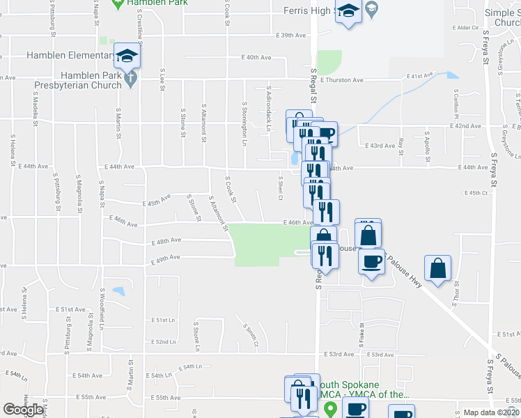 map of restaurants, bars, coffee shops, grocery stores, and more near 4540 South Donald Court in Spokane