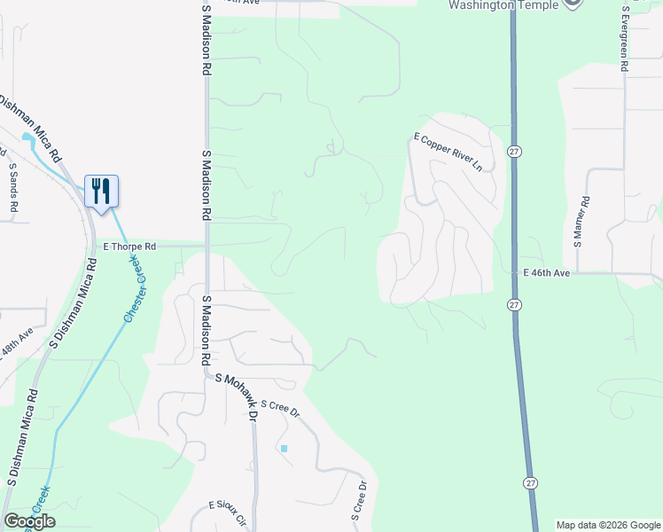 map of restaurants, bars, coffee shops, grocery stores, and more near 4427 South Madison Road in Spokane Valley