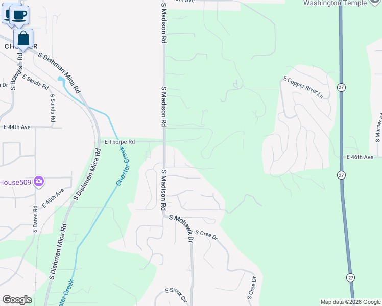 map of restaurants, bars, coffee shops, grocery stores, and more near 4611 South Madison Road in Spokane Valley