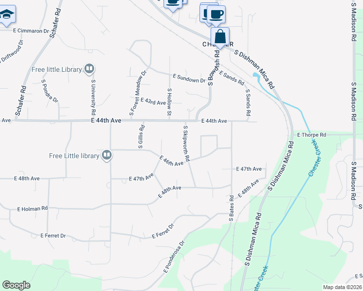 map of restaurants, bars, coffee shops, grocery stores, and more near 4520 South Skipworth Road in Spokane Valley