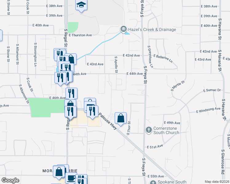 map of restaurants, bars, coffee shops, grocery stores, and more near 3210 East 44th Avenue in Spokane