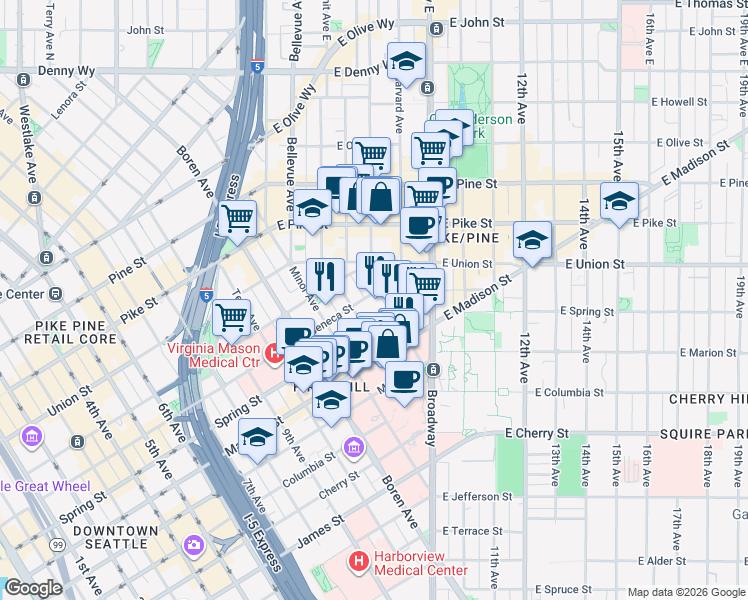 map of restaurants, bars, coffee shops, grocery stores, and more near 1115 Boylston Avenue in Seattle