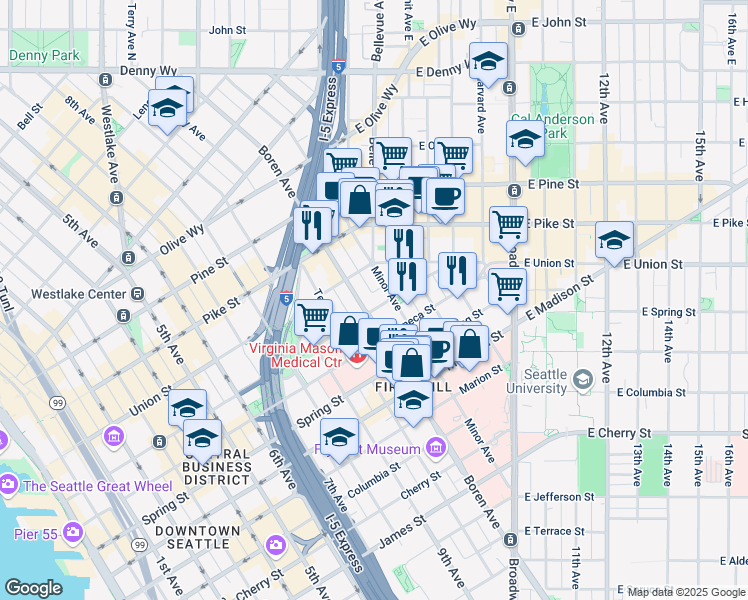 map of restaurants, bars, coffee shops, grocery stores, and more near 1220 Boren Avenue in Seattle
