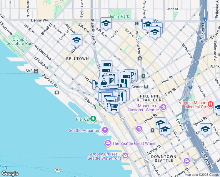 map of restaurants, bars, coffee shops, grocery stores, and more near 1931 2nd Avenue in Seattle