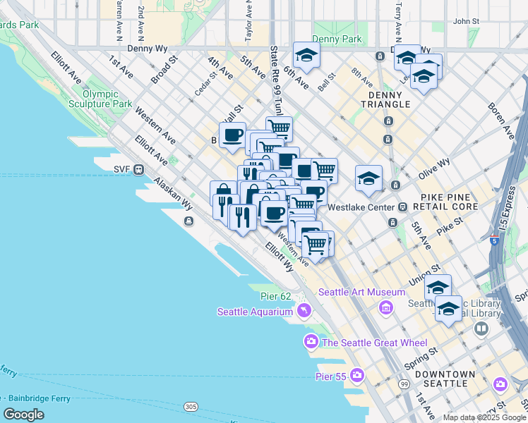 map of restaurants, bars, coffee shops, grocery stores, and more near 2125 Western Avenue in Seattle