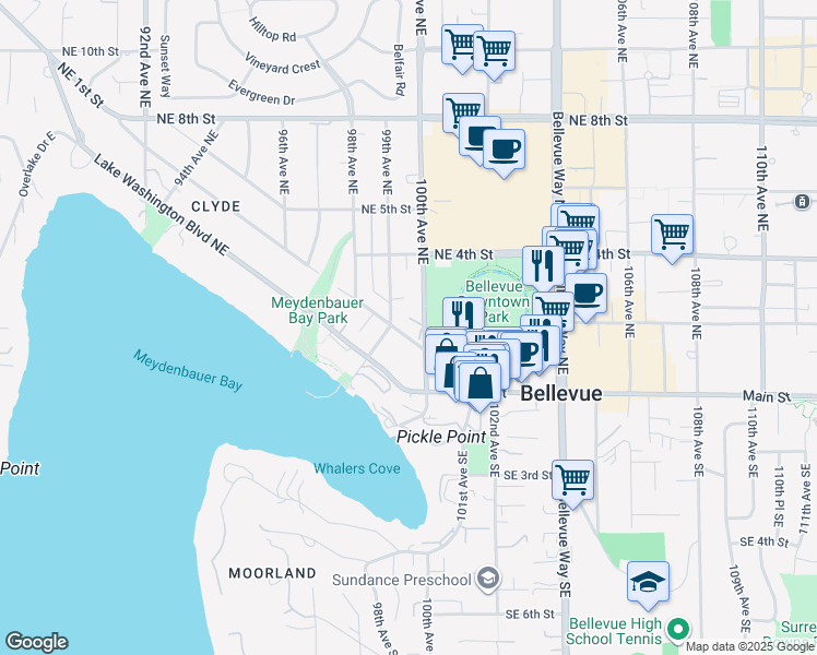 map of restaurants, bars, coffee shops, grocery stores, and more near 9913 Northeast 1st Street in Bellevue