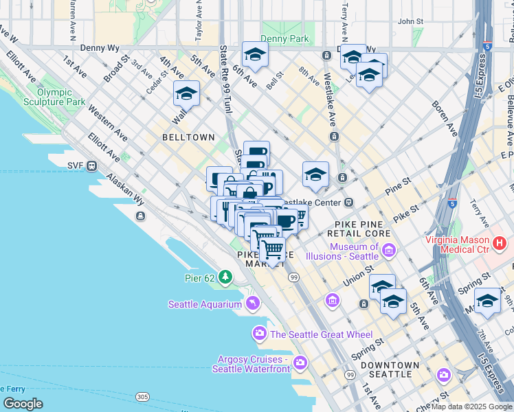 map of restaurants, bars, coffee shops, grocery stores, and more near 1119 1st Avenue in Seattle