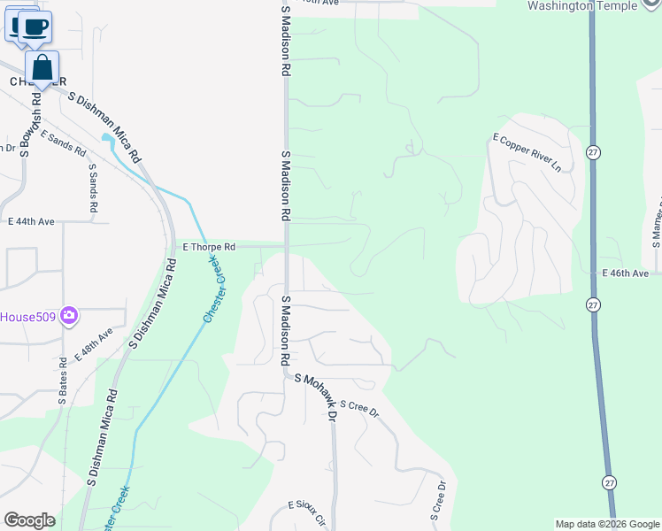 map of restaurants, bars, coffee shops, grocery stores, and more near 4611 South Madison Road in Spokane Valley