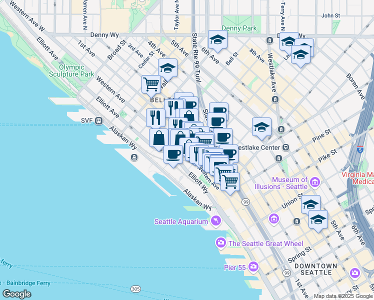 map of restaurants, bars, coffee shops, grocery stores, and more near 2125 Western Avenue in Seattle