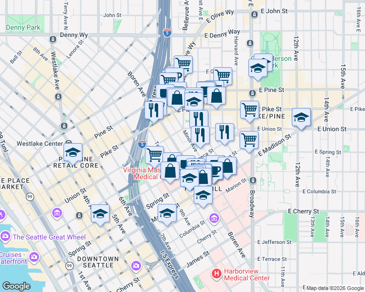 map of restaurants, bars, coffee shops, grocery stores, and more near 1100 University Street in Seattle