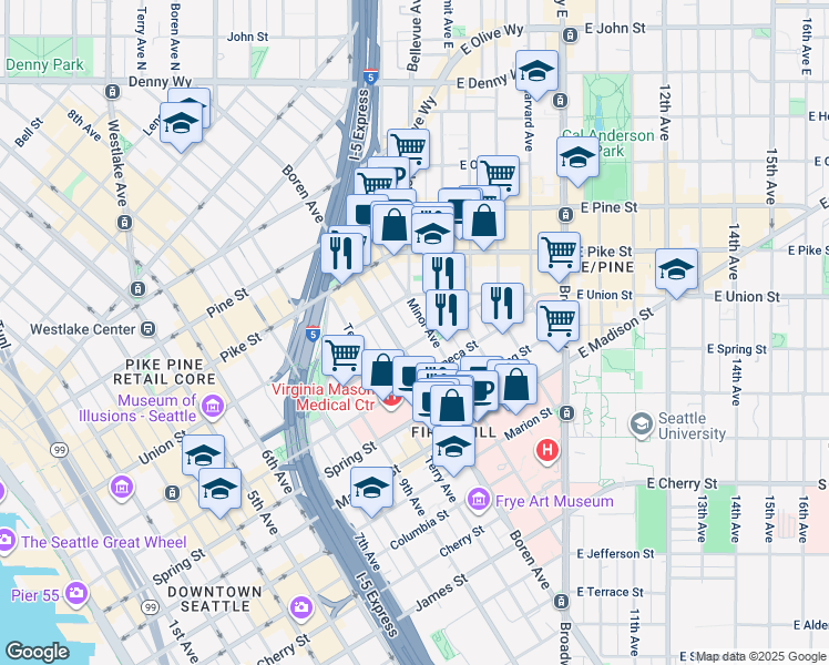 map of restaurants, bars, coffee shops, grocery stores, and more near 1100 University Street in Seattle