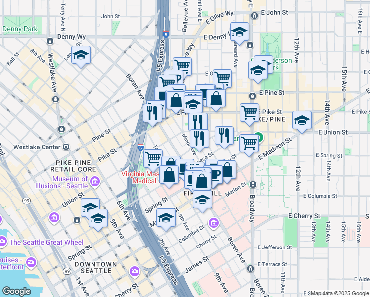map of restaurants, bars, coffee shops, grocery stores, and more near 1220 Boren Avenue in Seattle