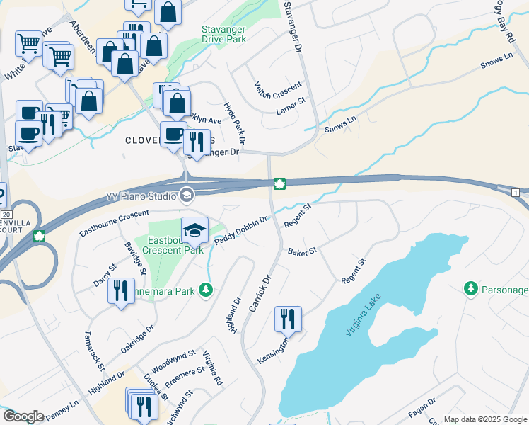 map of restaurants, bars, coffee shops, grocery stores, and more near 4 Paddy Dobbin Drive in St. John's
