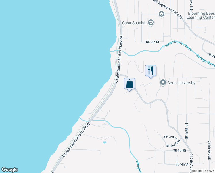 map of restaurants, bars, coffee shops, grocery stores, and more near 227 East Lake Sammamish Shore Lane Northeast in Seattle
