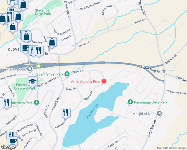 map of restaurants, bars, coffee shops, grocery stores, and more near 10 Gardiner Place in St. John's