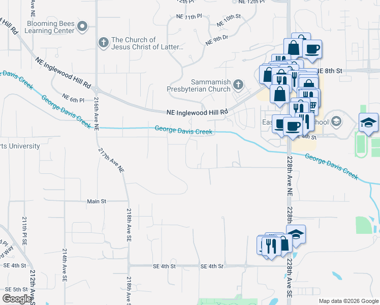 map of restaurants, bars, coffee shops, grocery stores, and more near 230 222nd Avenue Northeast in Sammamish