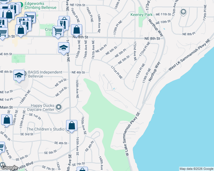 map of restaurants, bars, coffee shops, grocery stores, and more near 201 168th Avenue Northeast in Bellevue