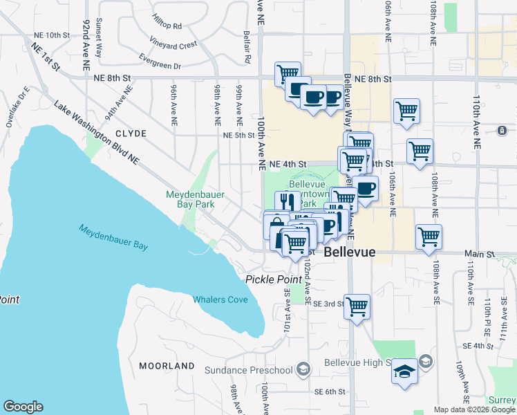 map of restaurants, bars, coffee shops, grocery stores, and more near 100 100th Avenue Northeast in Bellevue