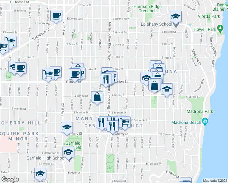 map of restaurants, bars, coffee shops, grocery stores, and more near 951 29th Avenue in Seattle