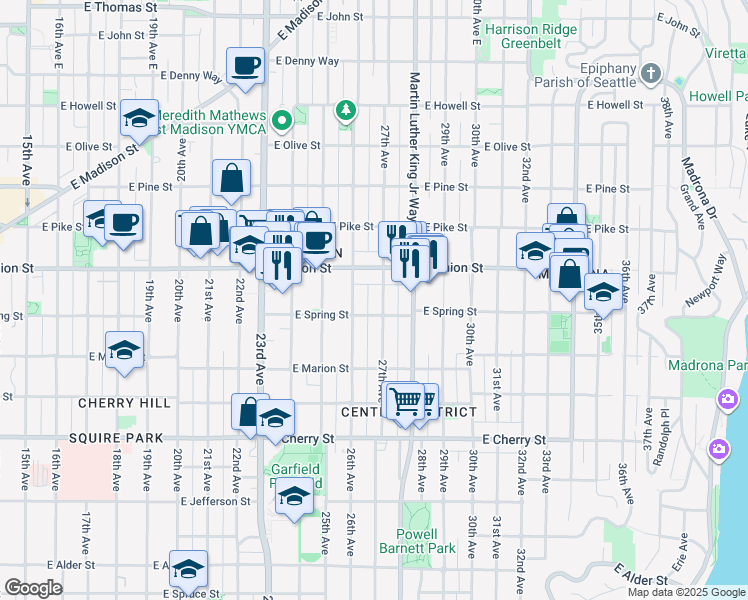 map of restaurants, bars, coffee shops, grocery stores, and more near 2619 East Spring Street in Seattle