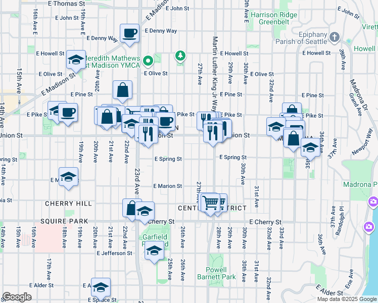 map of restaurants, bars, coffee shops, grocery stores, and more near 2619 East Spring Street in Seattle