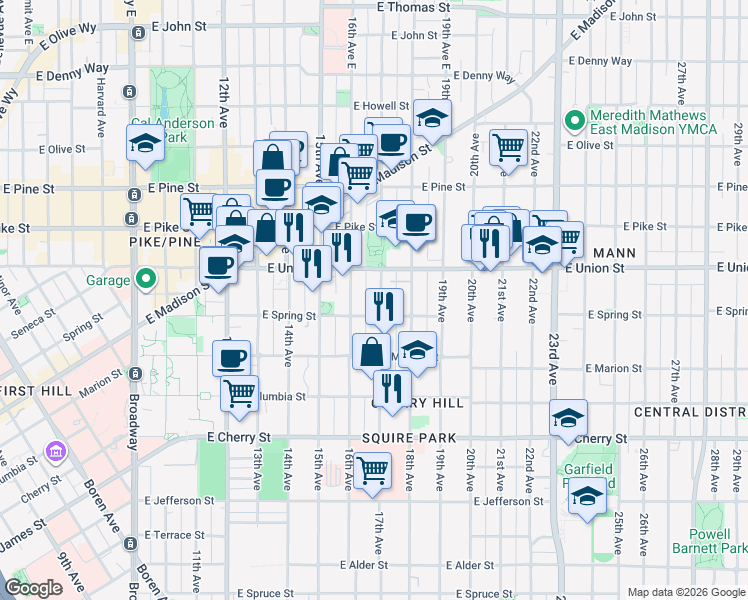 map of restaurants, bars, coffee shops, grocery stores, and more near 940 17th Avenue in Seattle