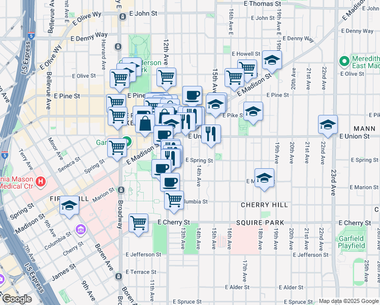 map of restaurants, bars, coffee shops, grocery stores, and more near 935 14th Avenue in Seattle