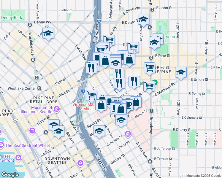 map of restaurants, bars, coffee shops, grocery stores, and more near in Seattle