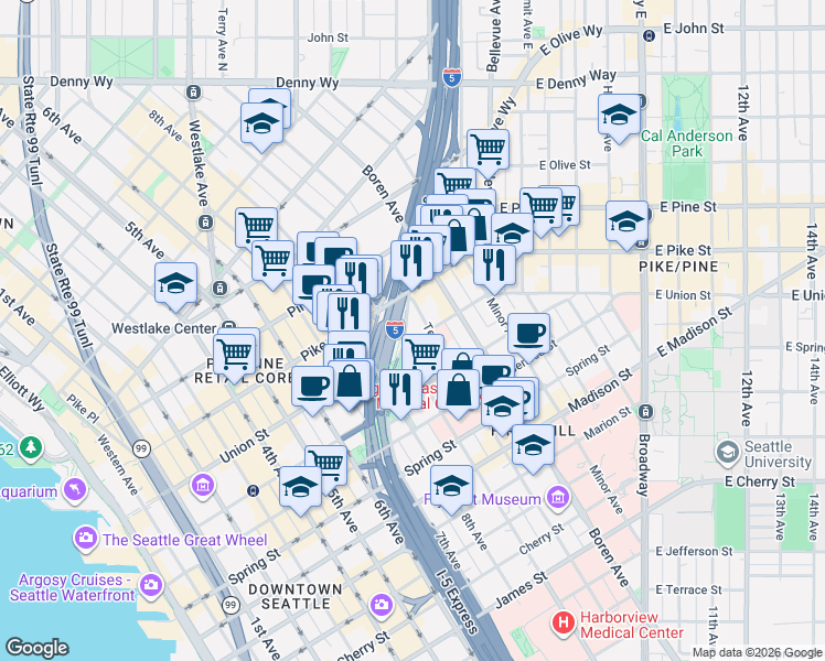 map of restaurants, bars, coffee shops, grocery stores, and more near 903 Union Street in Seattle
