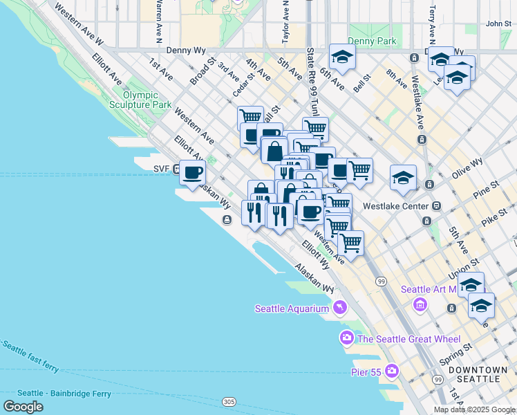 map of restaurants, bars, coffee shops, grocery stores, and more near 2300 Elliott Avenue in Seattle