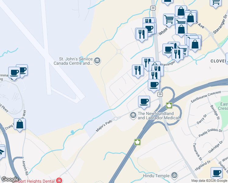 map of restaurants, bars, coffee shops, grocery stores, and more near 53 Hussey Drive in St. John's