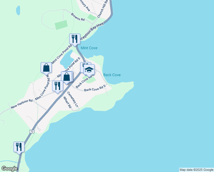 map of restaurants, bars, coffee shops, grocery stores, and more near 45 Back Cove Road South in Spaniard's Bay