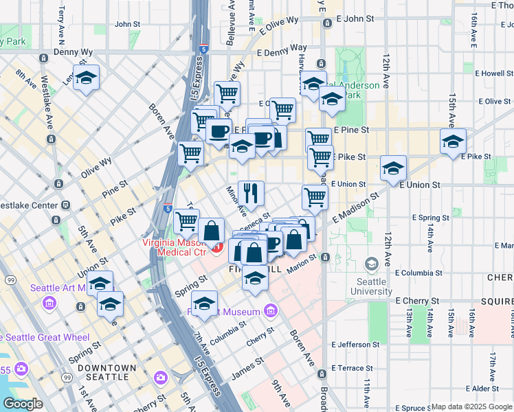 map of restaurants, bars, coffee shops, grocery stores, and more near 1201 Summit Avenue in Seattle